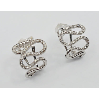 18K White Gold Serpentine Snake Wavy Diamond French Clip Earrings