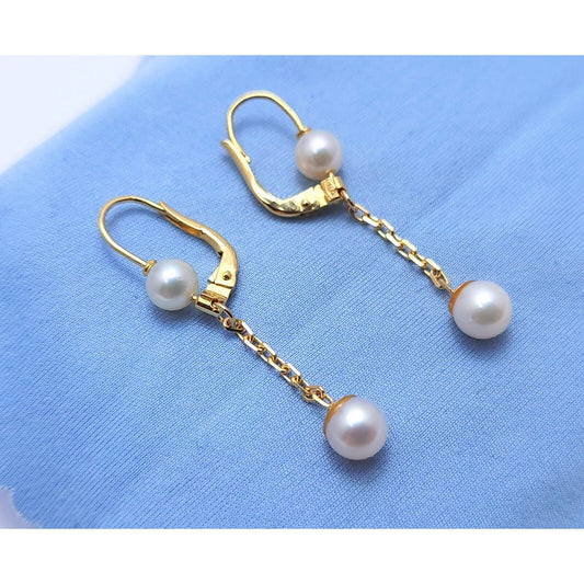 18K Yellow Gold Pearl Drop Dangle Lever Back Earrings