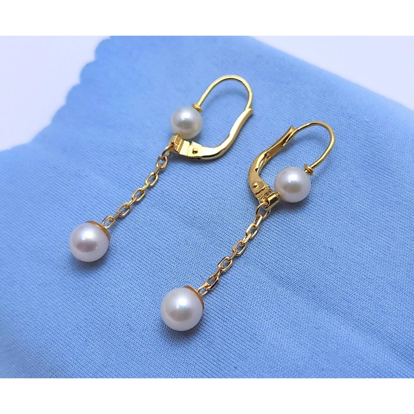 18K Yellow Gold Pearl Drop Dangle Lever Back Earrings