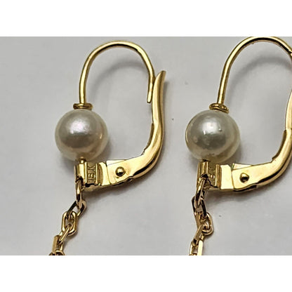 18K Yellow Gold Pearl Drop Dangle Lever Back Earrings