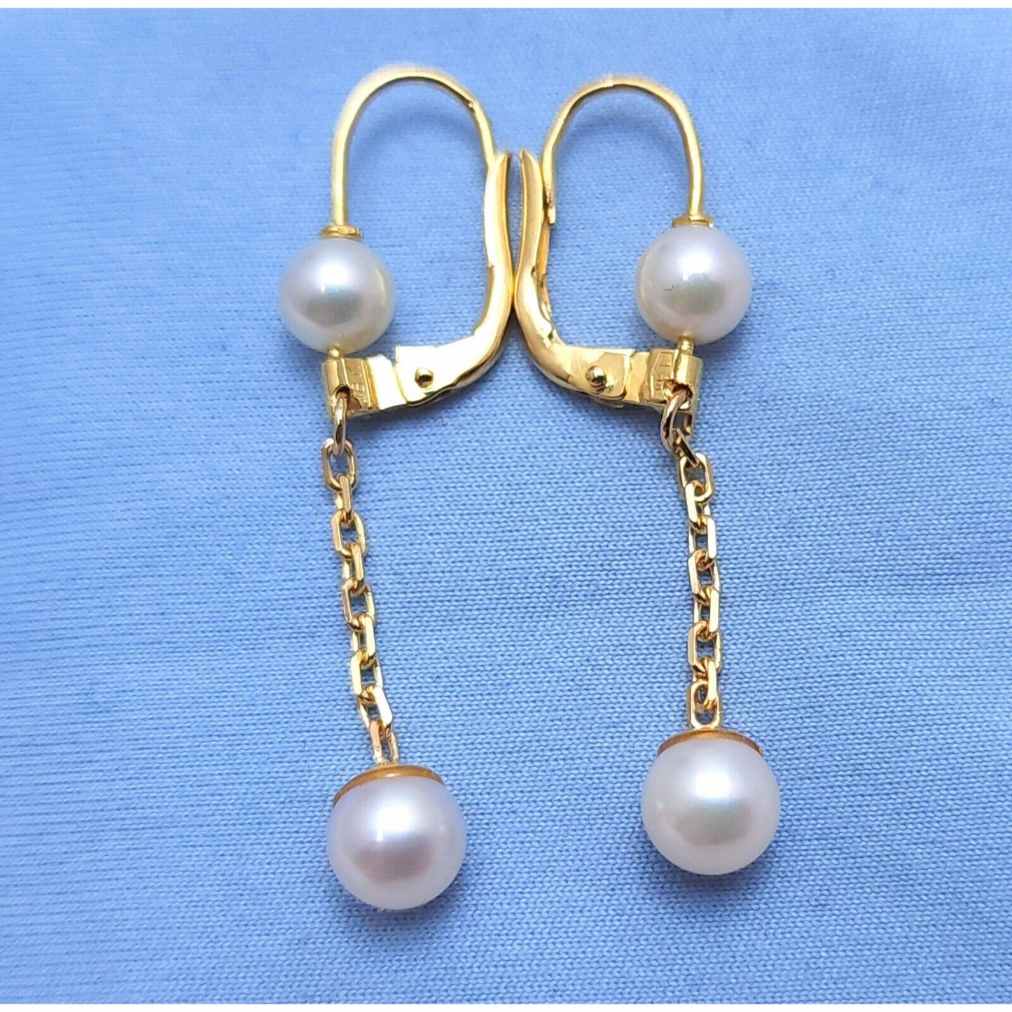 18K Yellow Gold Pearl Drop Dangle Lever Back Earrings