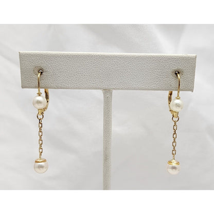 18K Yellow Gold Pearl Drop Dangle Lever Back Earrings