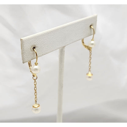 18K Yellow Gold Pearl Drop Dangle Lever Back Earrings