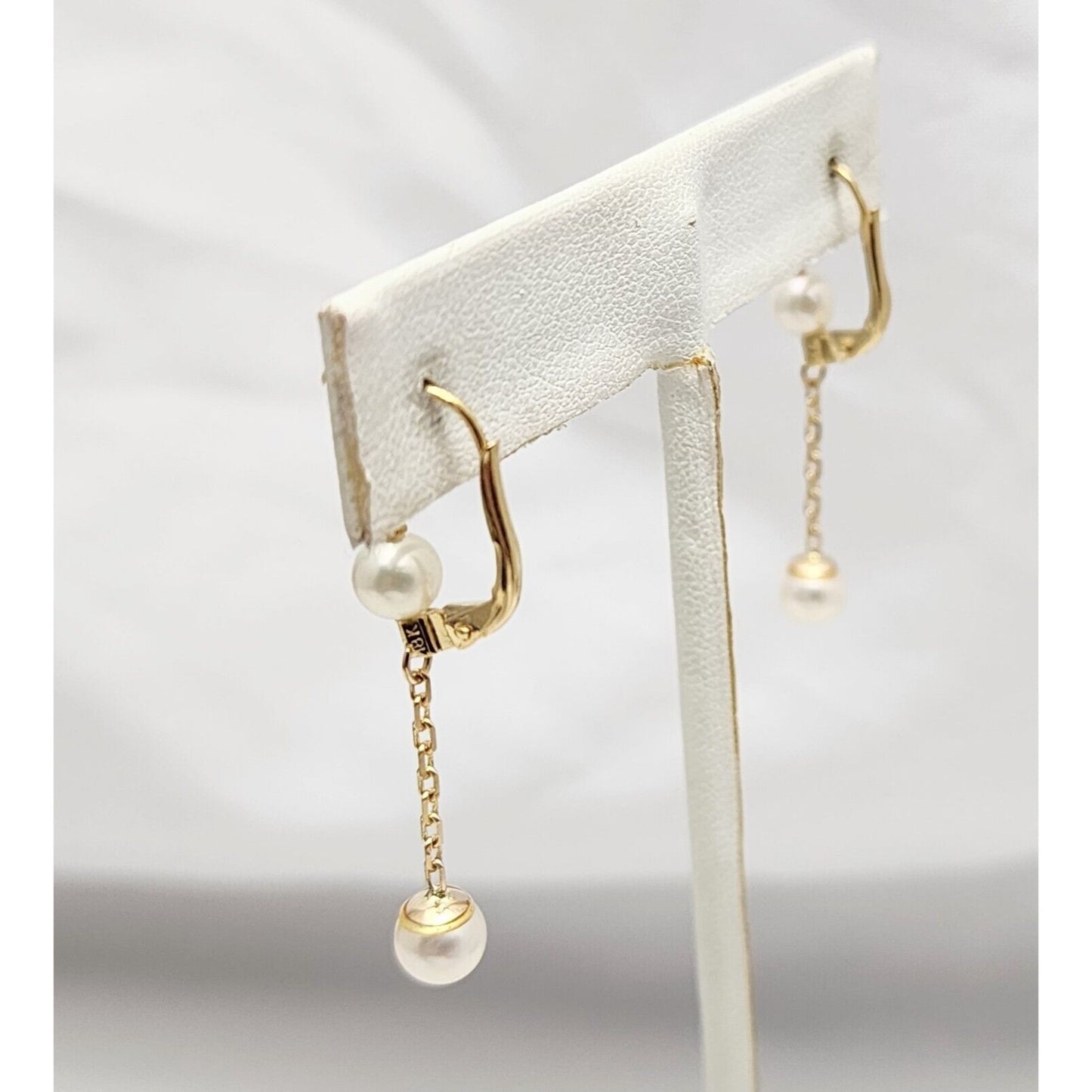 18K Yellow Gold Pearl Drop Dangle Lever Back Earrings