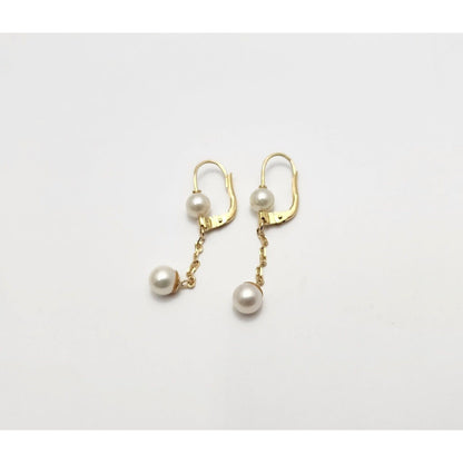 18K Yellow Gold Pearl Drop Dangle Lever Back Earrings