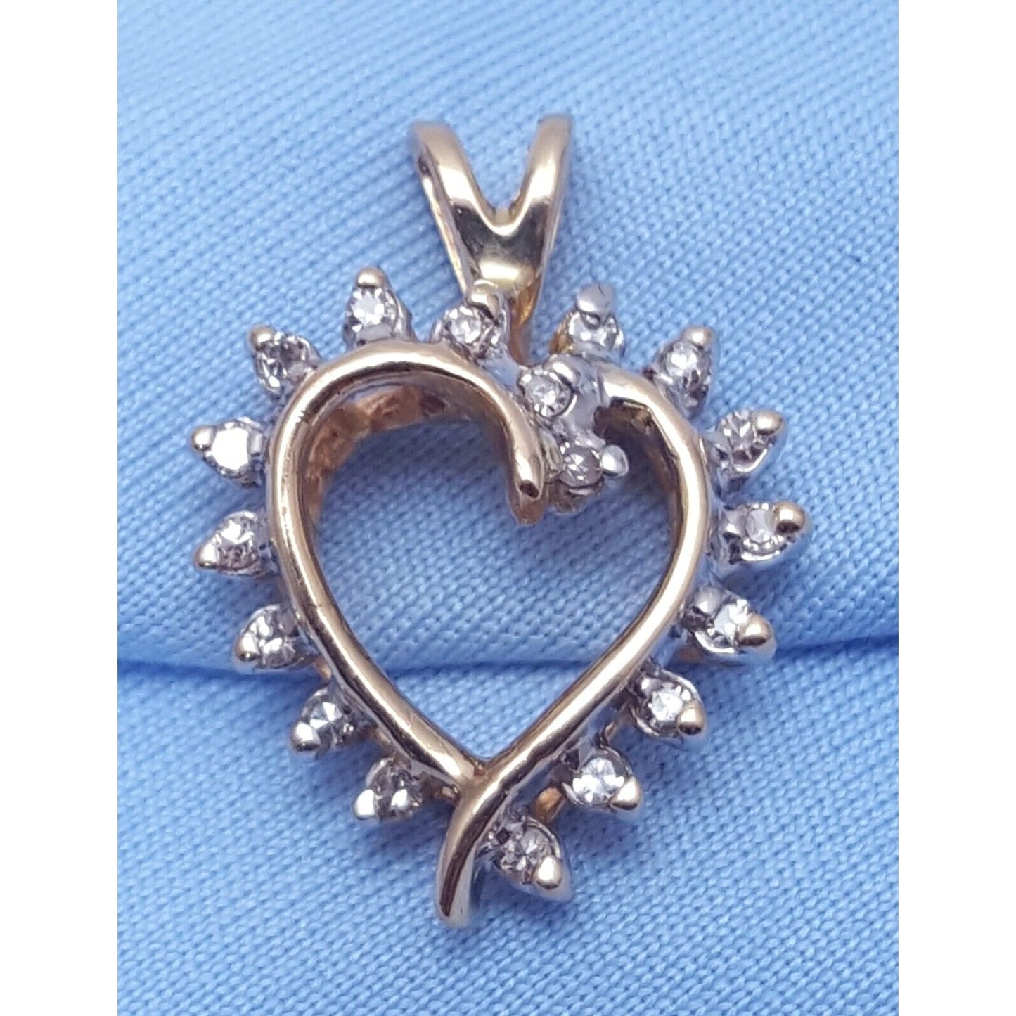 14K Solid Yellow Gold Diamond Open Heart Charm Pendant