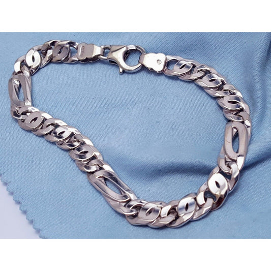 10K Solid White Gold Fancy Figaro Link Bracelet