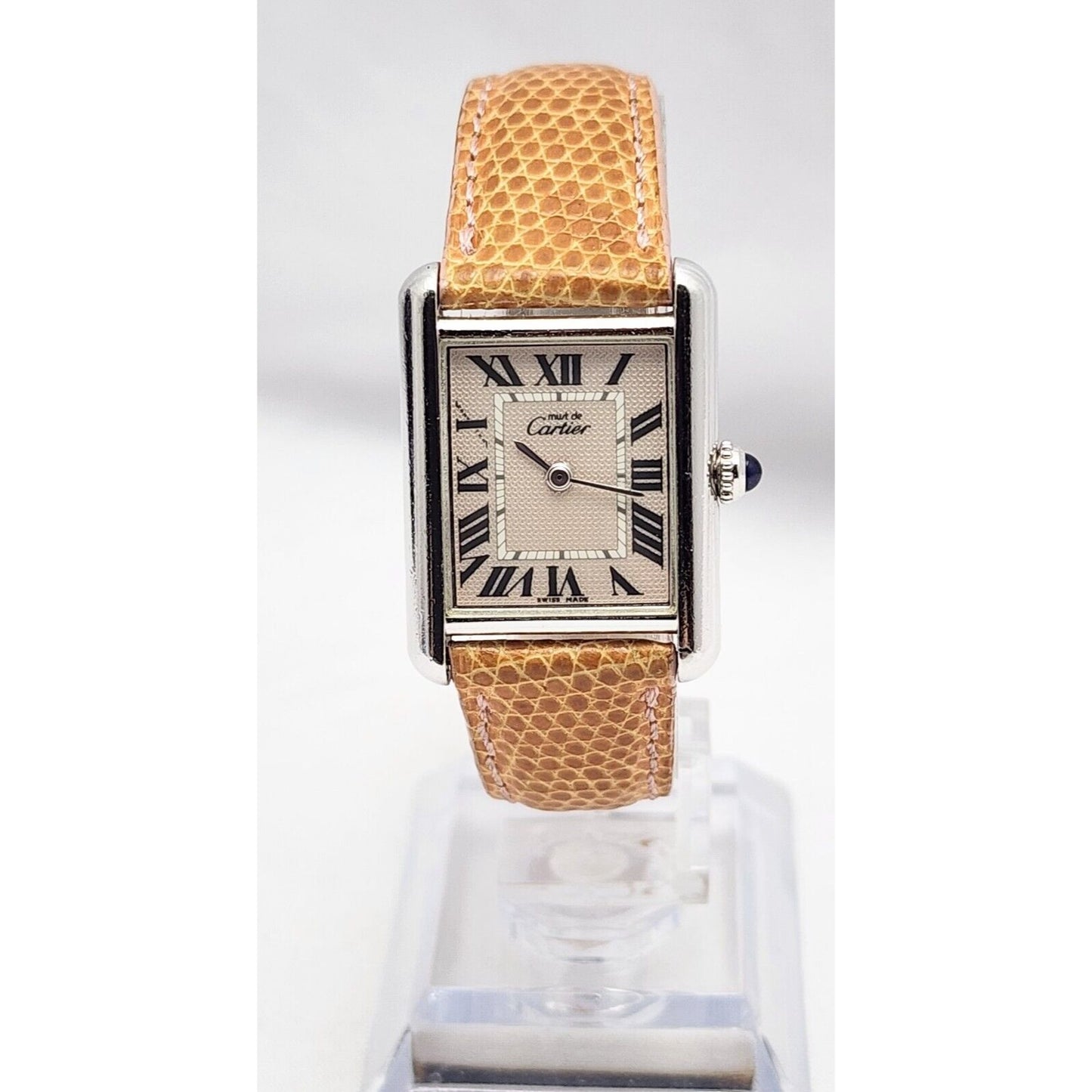 Cartier Tank Must de Cartier 2416 Quartz Leather Watch 925 Sterling Silver 22mm