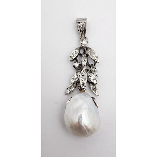 18K Solid White Gold Pearl & Diamond Drop Dangle Charm Pendant