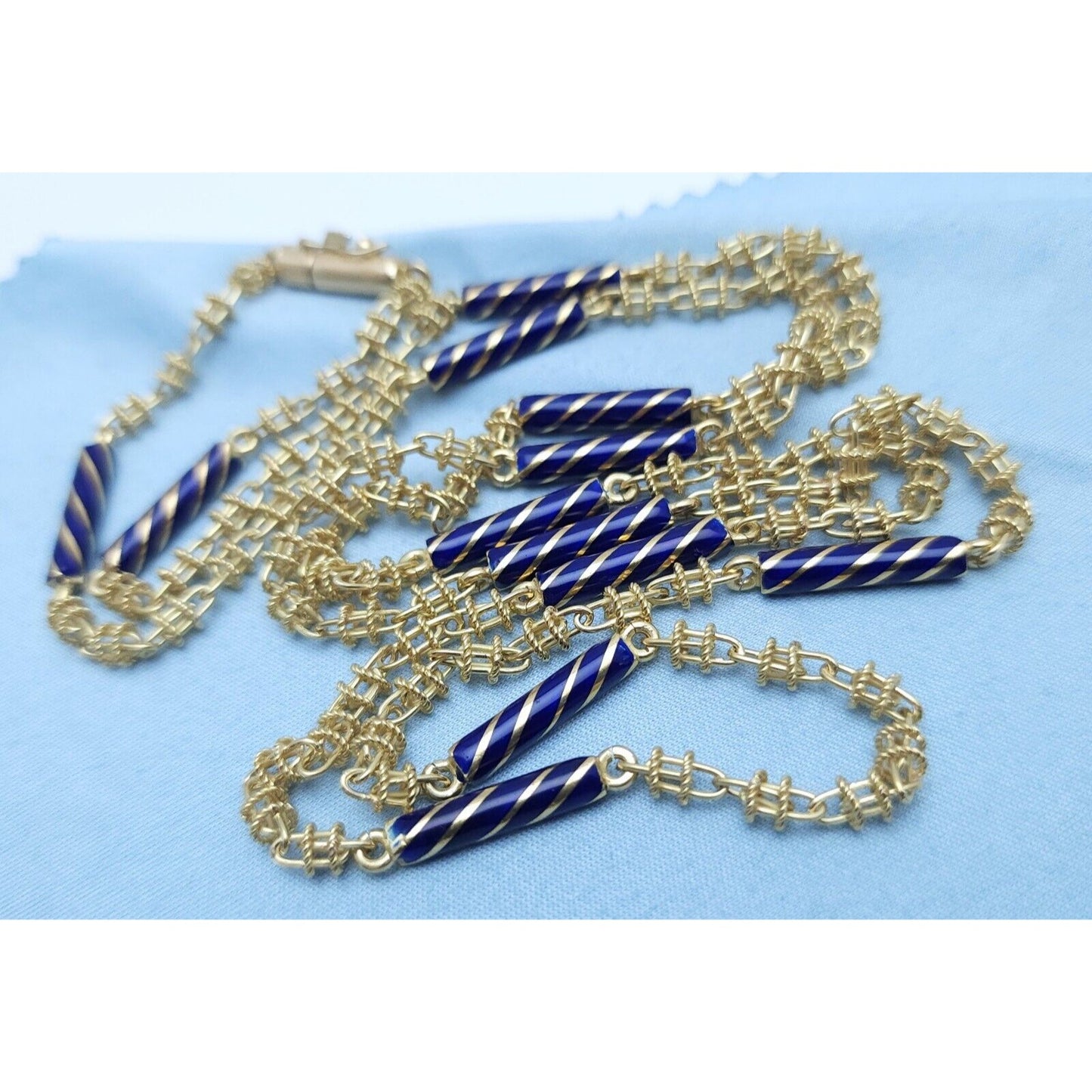 18K Yellow Gold Blue Enamel Link Chain Necklace