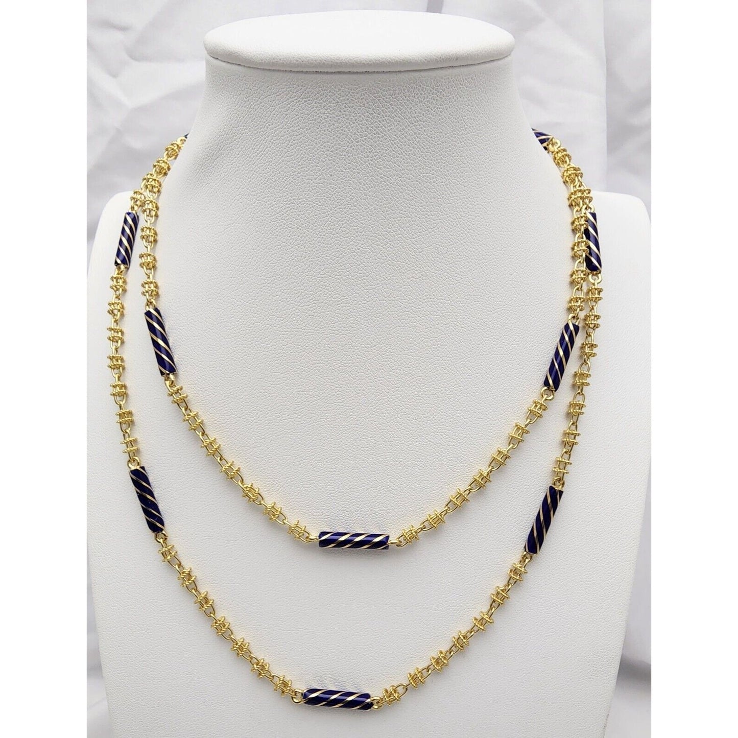 18K Yellow Gold Blue Enamel Link Chain Necklace