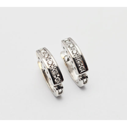14K White Gold Round Cut Diamond Hinged Half Hoop Earrings