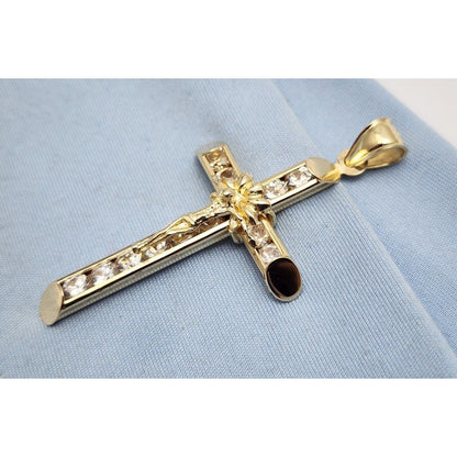 14K Solid Yellow Gold Jesus On Cross CZ Charm Pendant