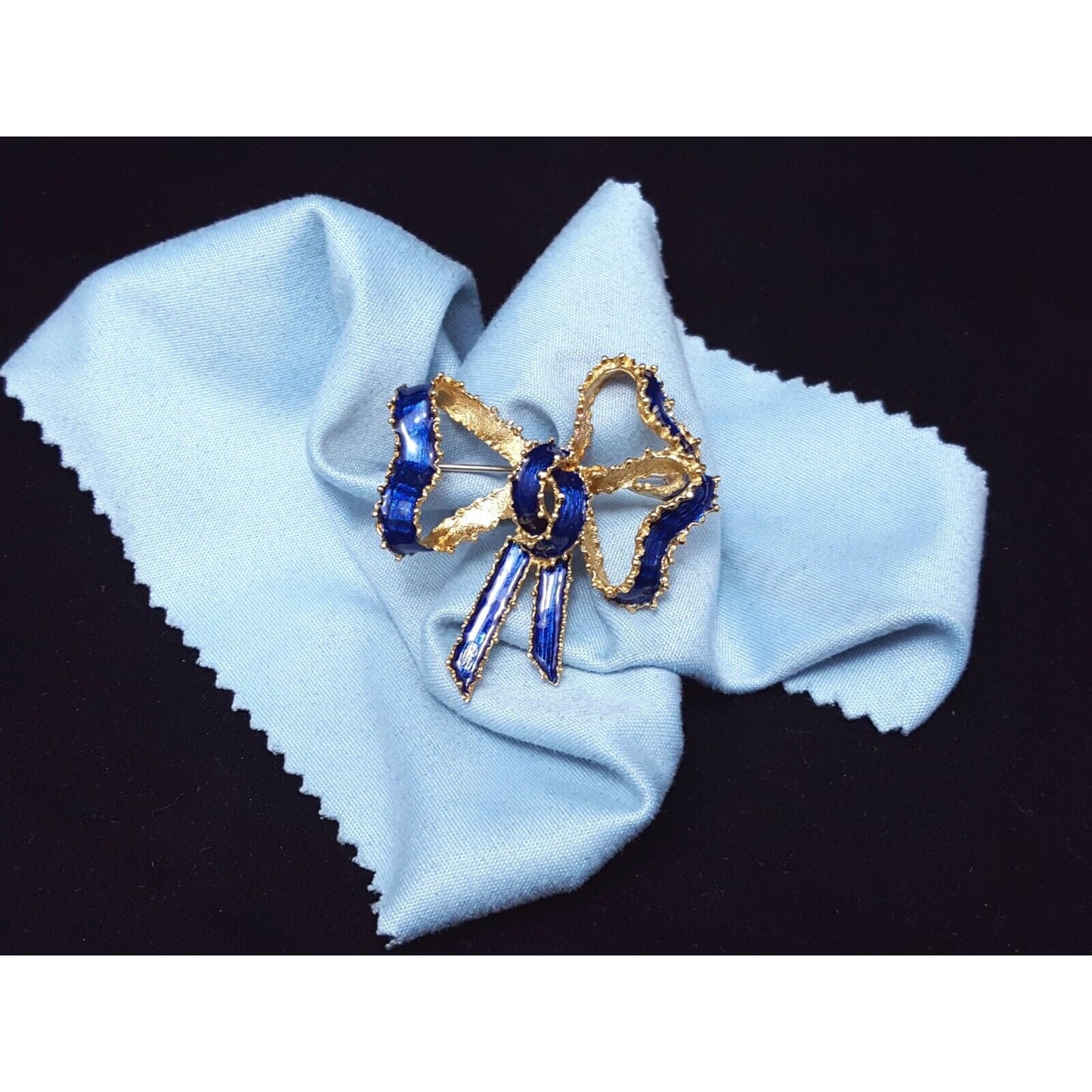 Vintage Victorian Tiffany & Co 18K Solid Yellow Gold Blue Enamel Bow Brooch Pin