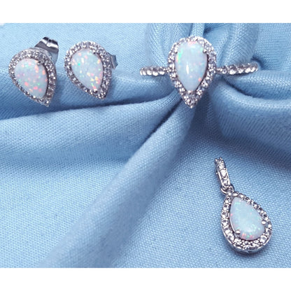Sterling Silver 925 Opal & Cubic Zirconia Ring, Earrings & Pendant Set