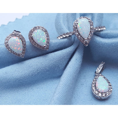Sterling Silver 925 Opal & Cubic Zirconia Ring, Earrings & Pendant Set