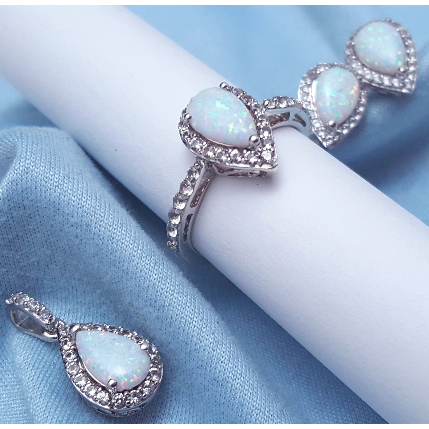 Sterling Silver 925 Opal & Cubic Zirconia Ring, Earrings & Pendant Set