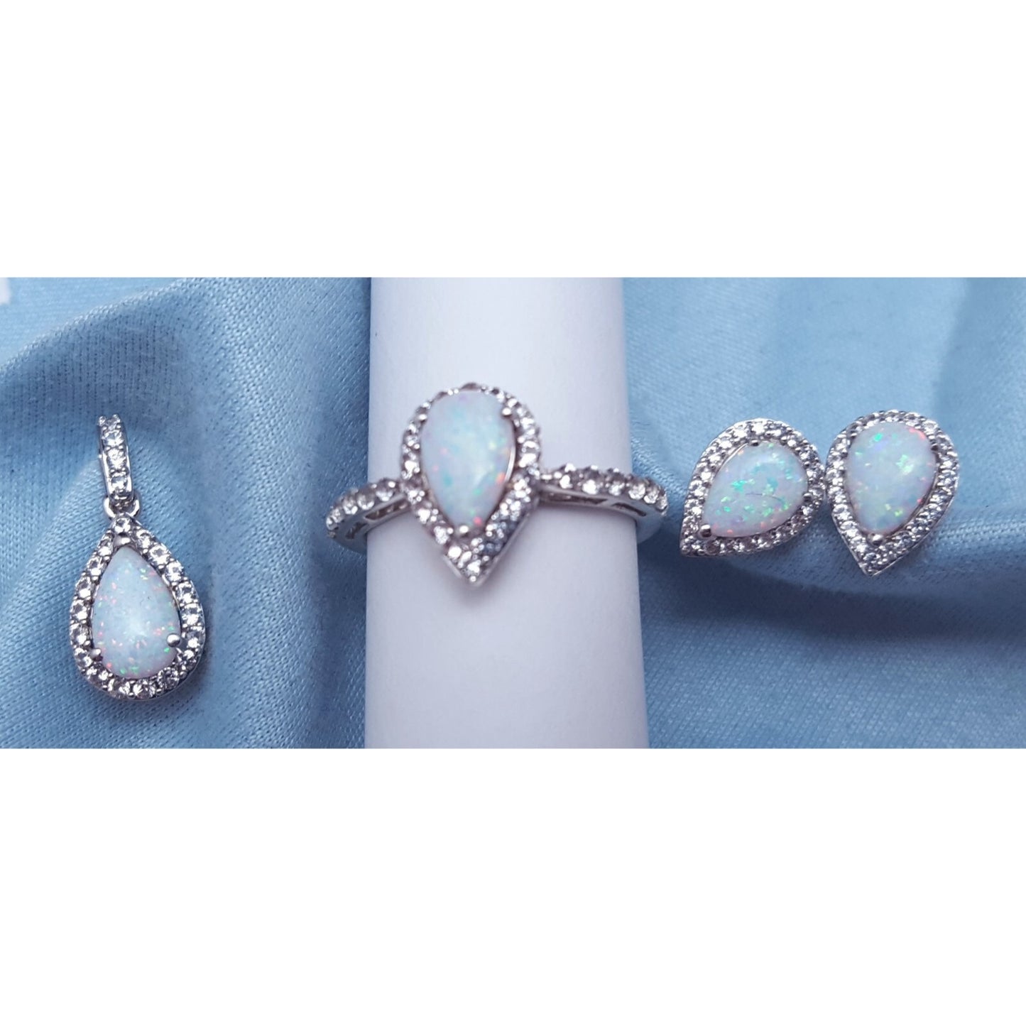 Sterling Silver 925 Opal & Cubic Zirconia Ring, Earrings & Pendant Set