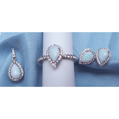 Sterling Silver 925 Opal & Cubic Zirconia Ring, Earrings & Pendant Set