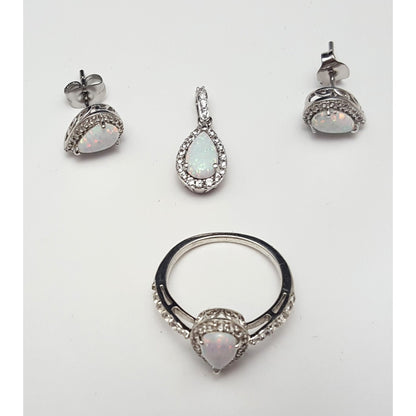 Sterling Silver 925 Opal & Cubic Zirconia Ring, Earrings & Pendant Set