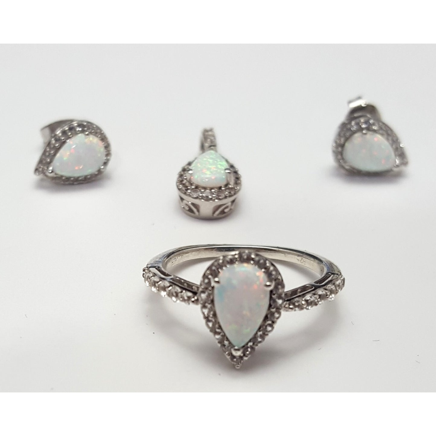 Sterling Silver 925 Opal & Cubic Zirconia Ring, Earrings & Pendant Set