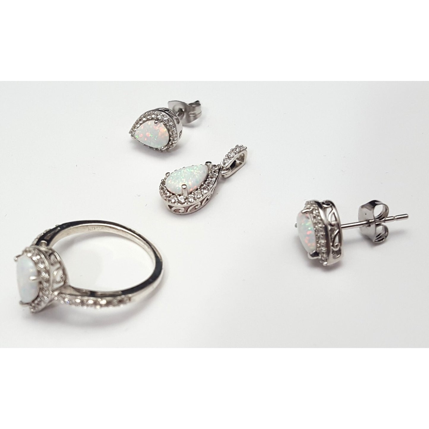 Sterling Silver 925 Opal & Cubic Zirconia Ring, Earrings & Pendant Set