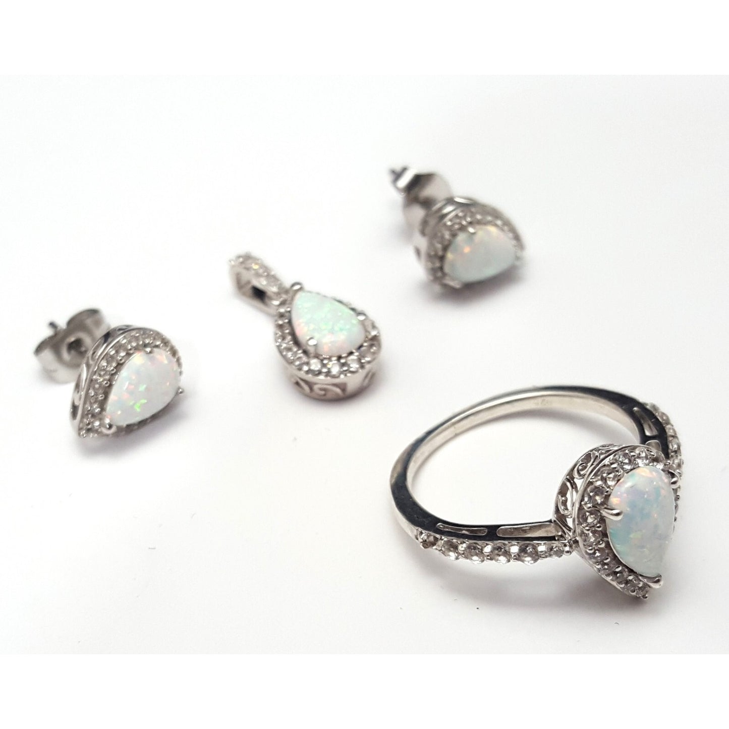 Sterling Silver 925 Opal & Cubic Zirconia Ring, Earrings & Pendant Set