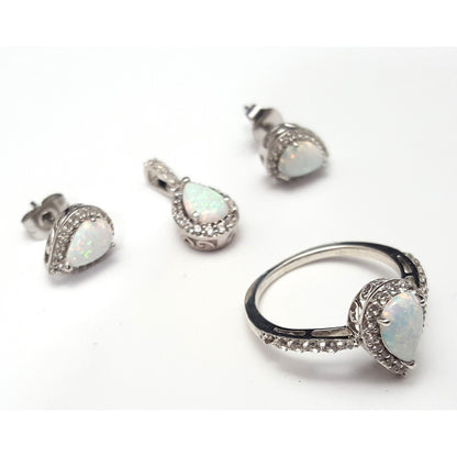 Sterling Silver 925 Opal & Cubic Zirconia Ring, Earrings & Pendant Set