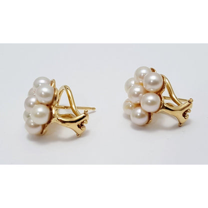 14K Yellow Gold Flower Pearl French Clip Earrings