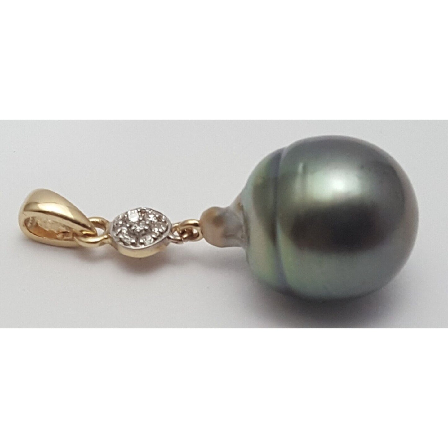 14K Solid Yellow Gold Drop Dangle Tahitian Pearl & Diamond Charm Pendant