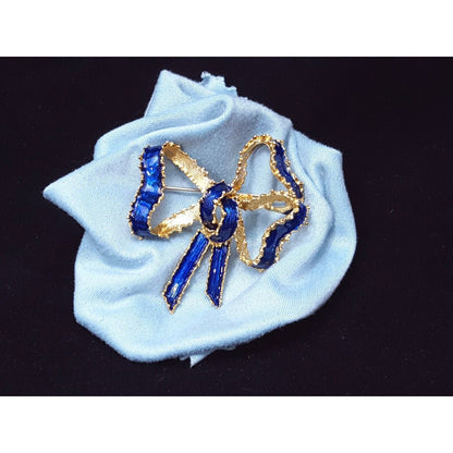 Vintage Victorian Tiffany & Co 18K Solid Yellow Gold Blue Enamel Bow Brooch Pin