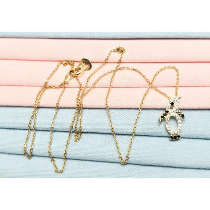14K Yellow Gold Cable Link Chain Necklace & Penguin CZ & Onyx Charm Pendant