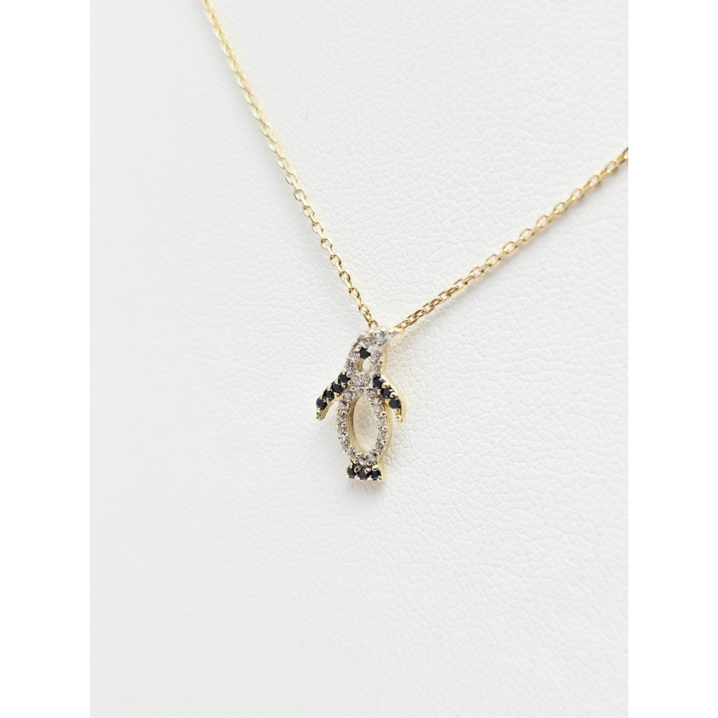14K Yellow Gold Cable Link Chain Necklace & Penguin CZ & Onyx Charm Pendant