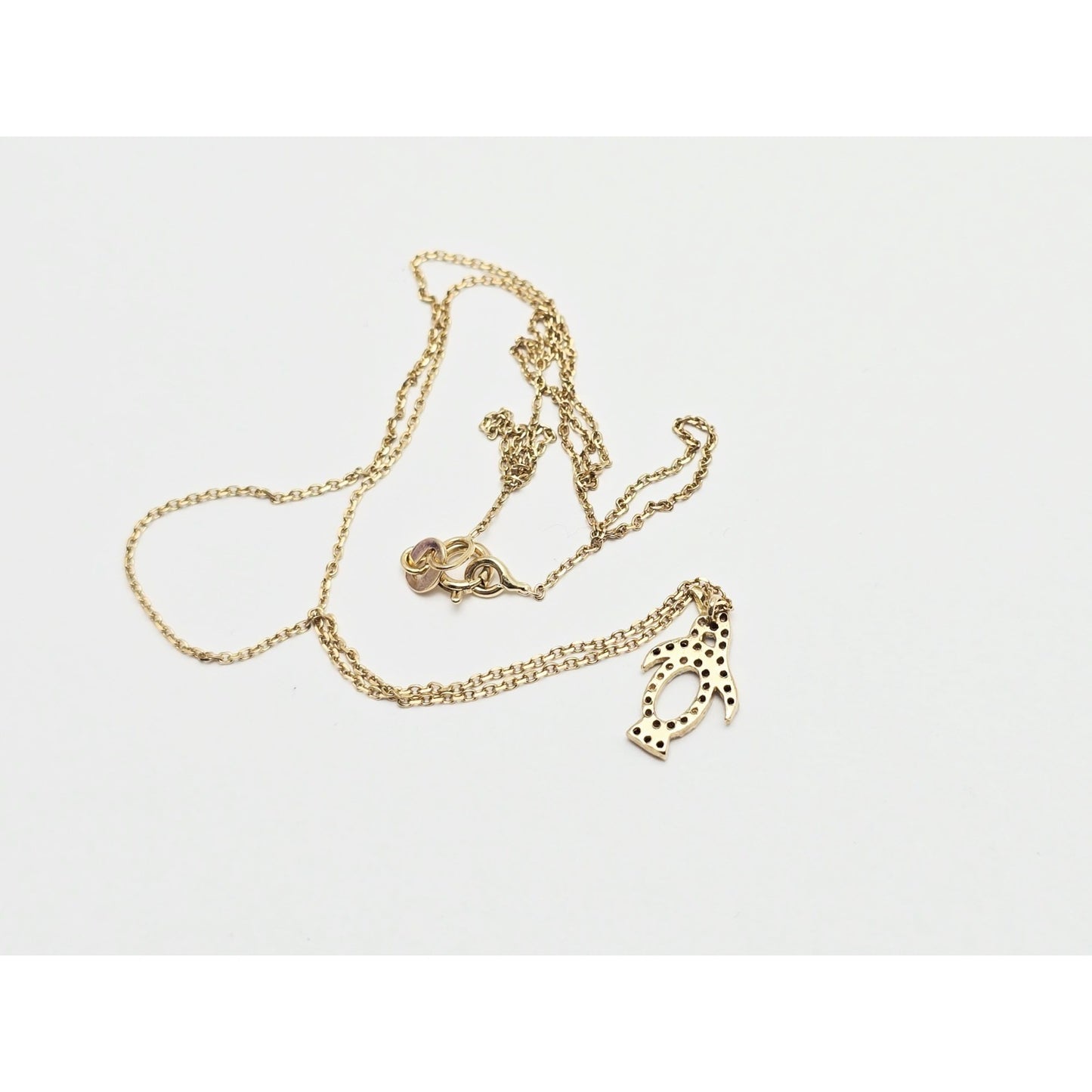14K Yellow Gold Cable Link Chain Necklace & Penguin CZ & Onyx Charm Pendant