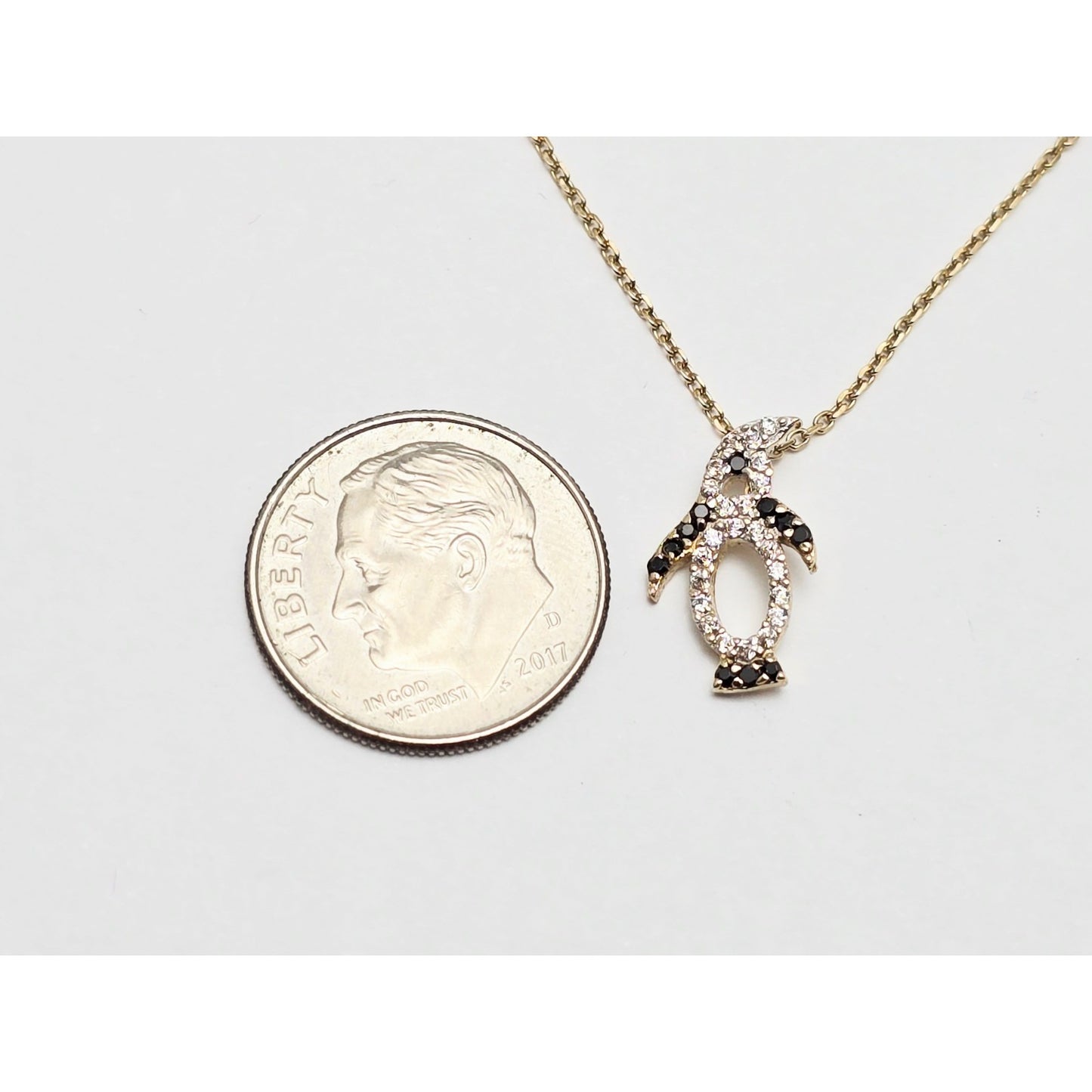 14K Yellow Gold Cable Link Chain Necklace & Penguin CZ & Onyx Charm Pendant