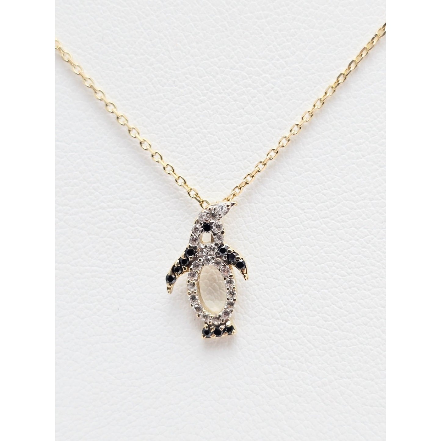14K Yellow Gold Cable Link Chain Necklace & Penguin CZ & Onyx Charm Pendant
