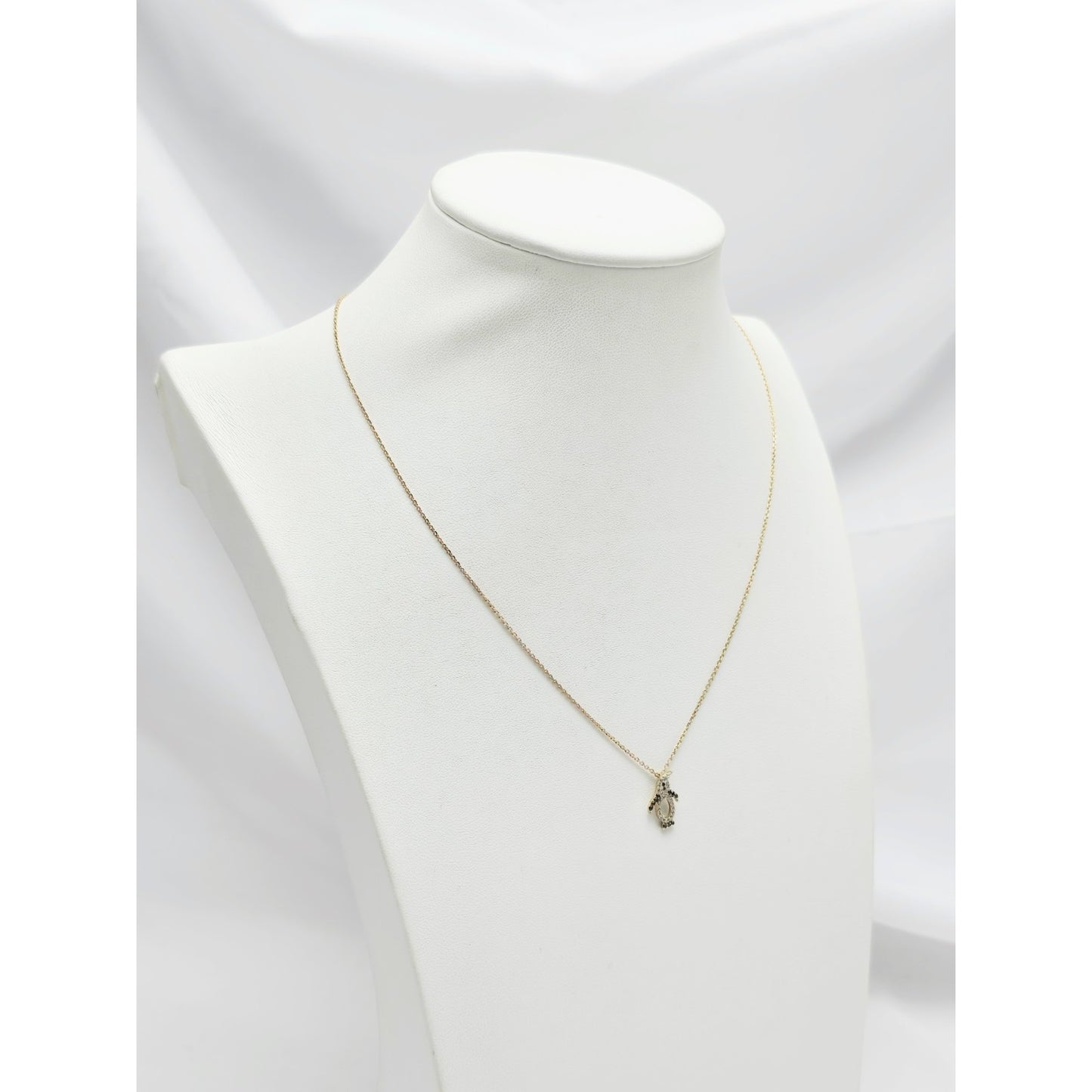 14K Yellow Gold Cable Link Chain Necklace & Penguin CZ & Onyx Charm Pendant