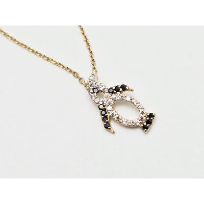14K Yellow Gold Cable Link Chain Necklace & Penguin CZ & Onyx Charm Pendant
