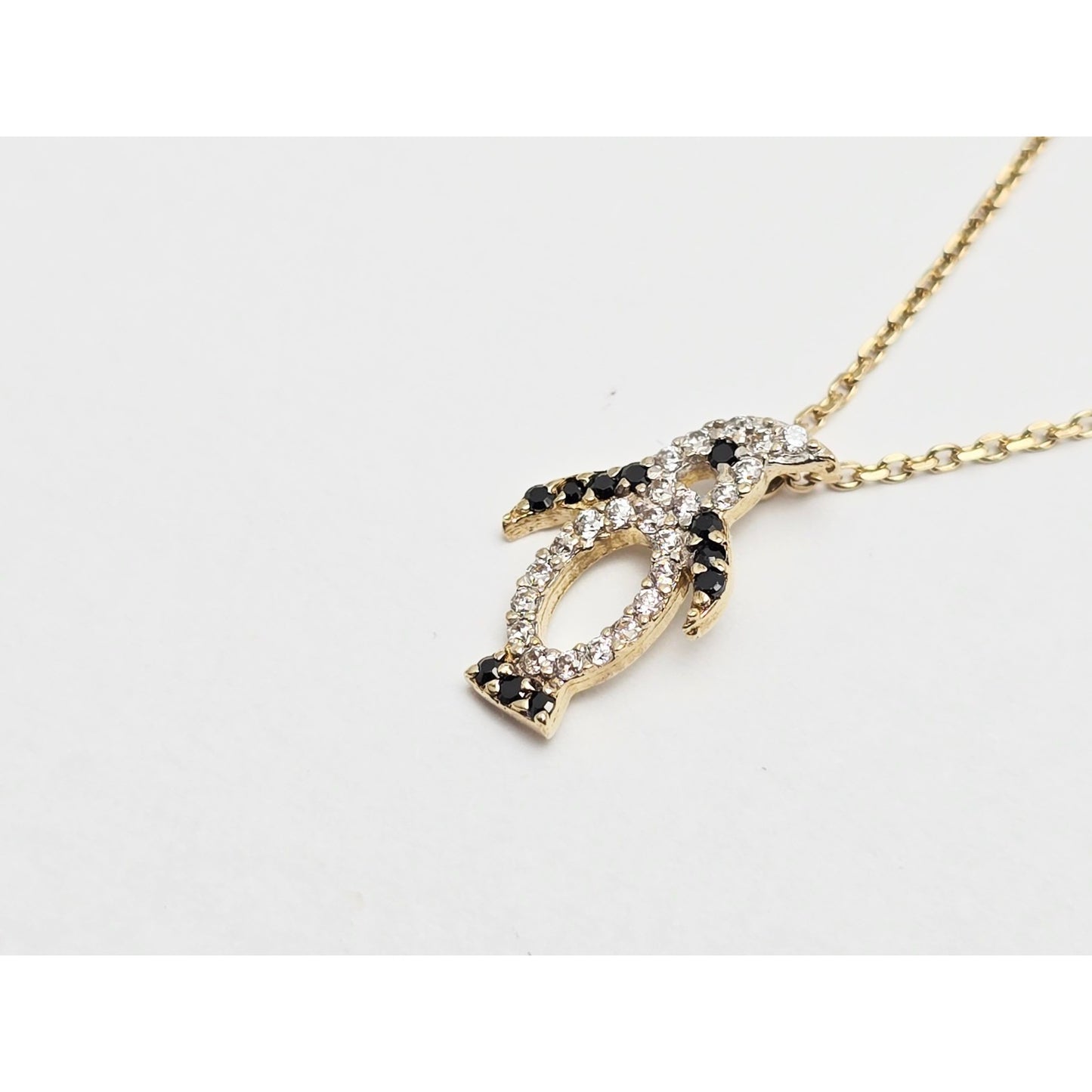 14K Yellow Gold Cable Link Chain Necklace & Penguin CZ & Onyx Charm Pendant