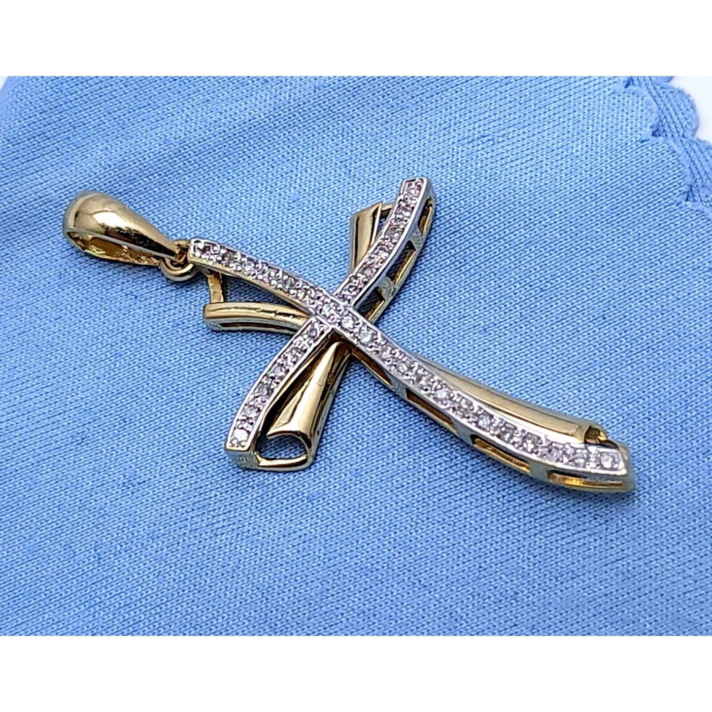 14K Solid Two Tone Gold Diamond Cross Charm Pendant