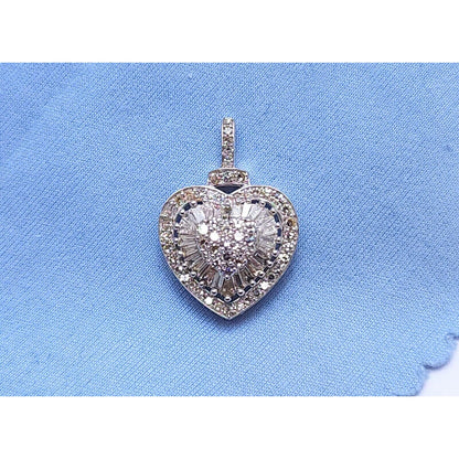 14K White Gold Round & Baguette Diamond Heart Charm Pendant