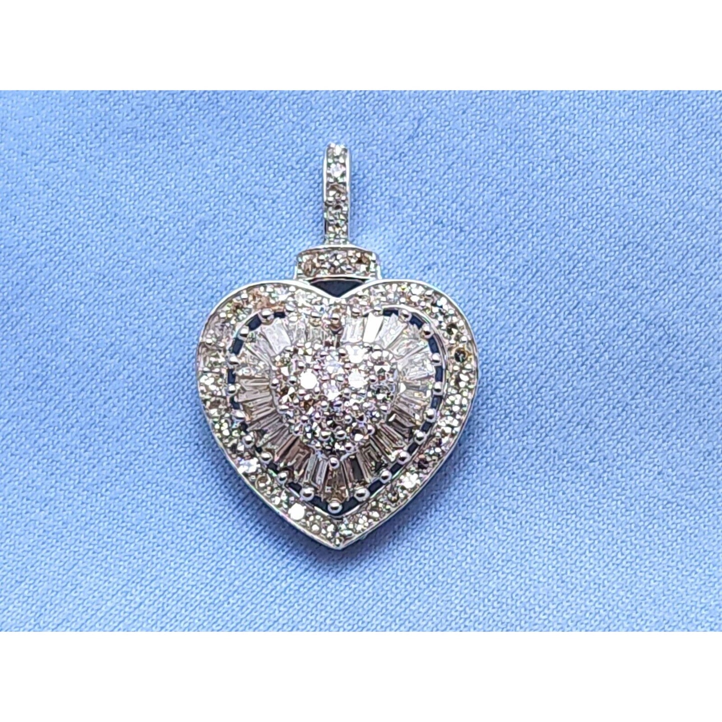 14K White Gold Round & Baguette Diamond Heart Charm Pendant