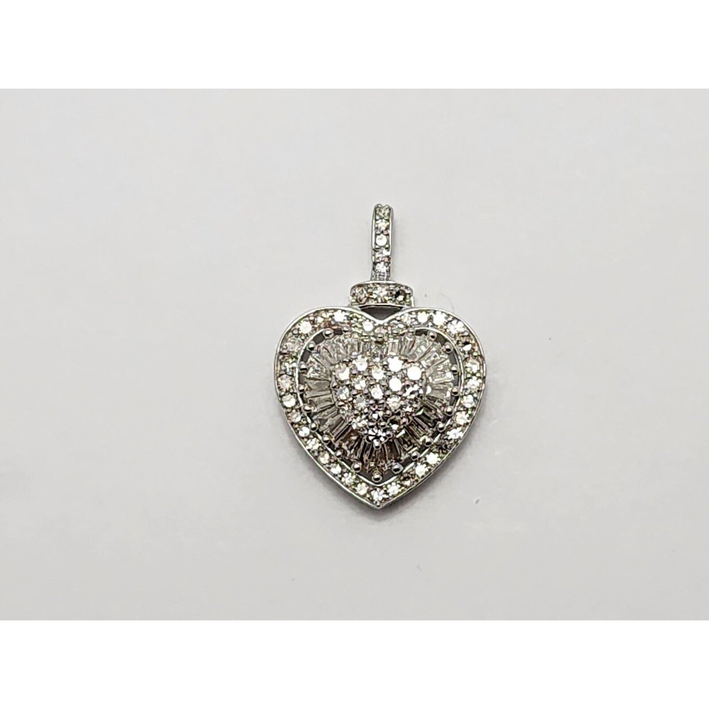 14K White Gold Round & Baguette Diamond Heart Charm Pendant