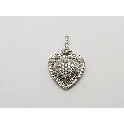 14K White Gold Round & Baguette Diamond Heart Charm Pendant