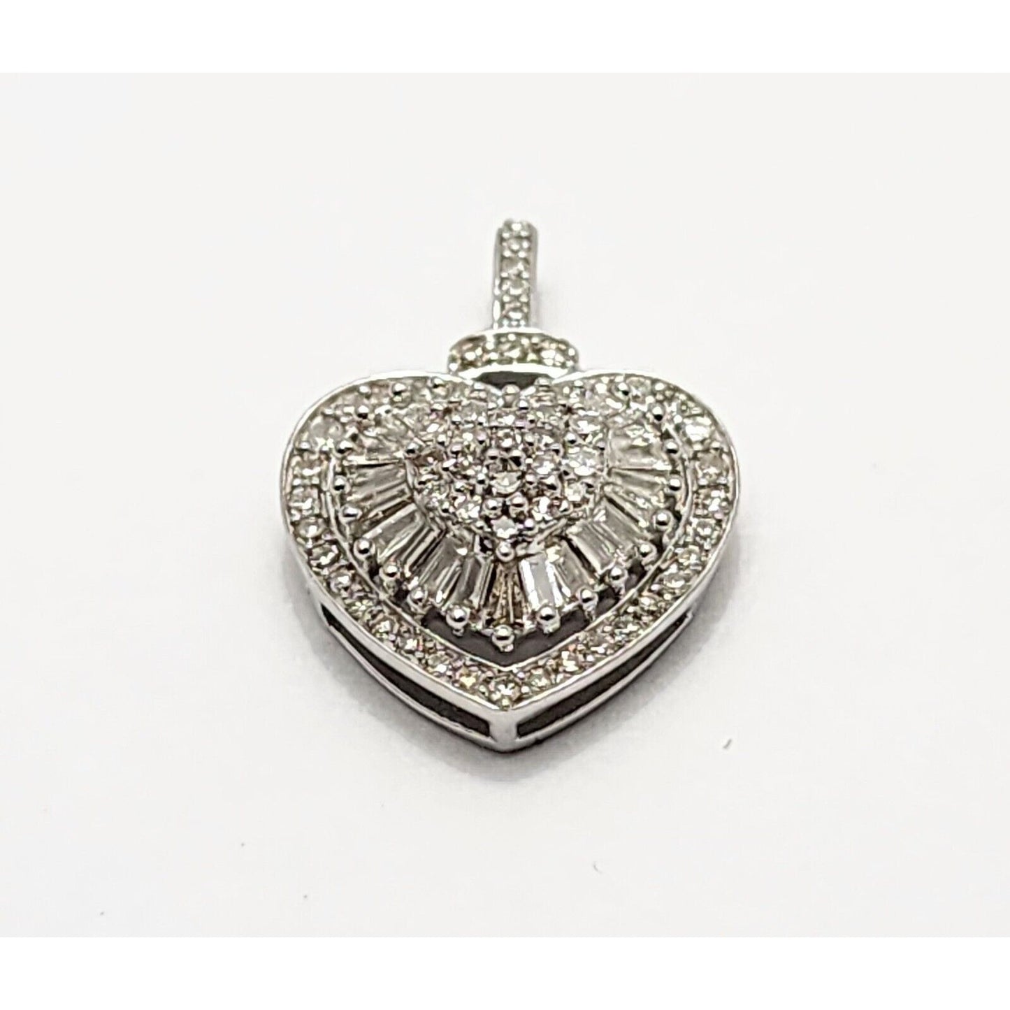 14K White Gold Round & Baguette Diamond Heart Charm Pendant