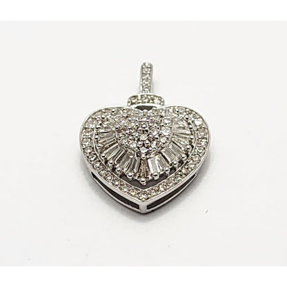 14K White Gold Round & Baguette Diamond Heart Charm Pendant