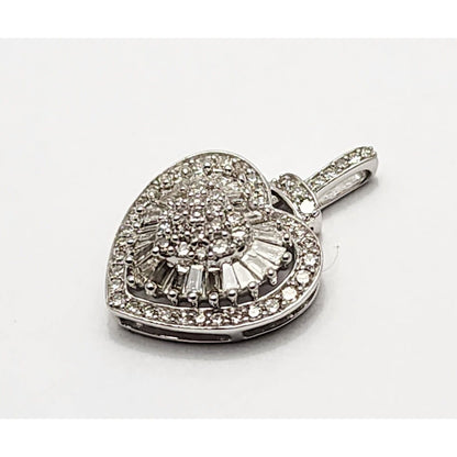 14K White Gold Round & Baguette Diamond Heart Charm Pendant