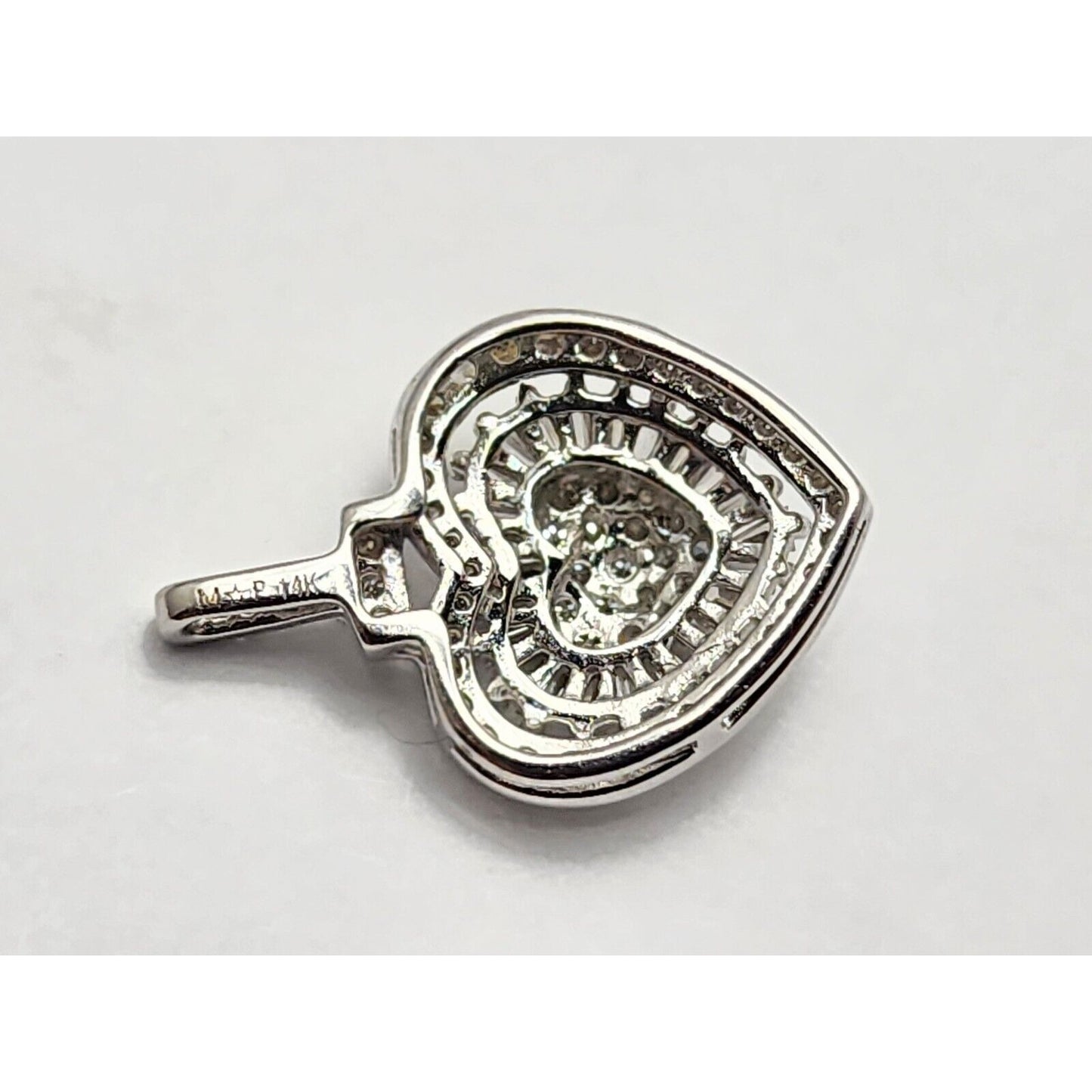 14K White Gold Round & Baguette Diamond Heart Charm Pendant