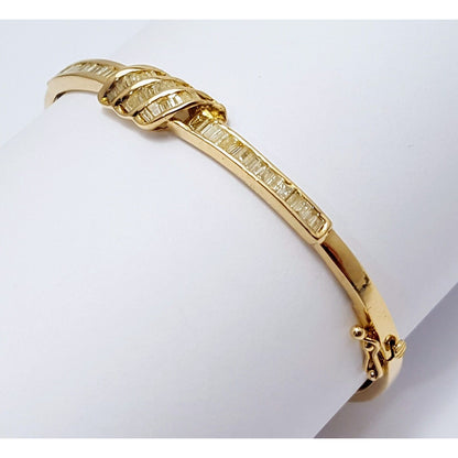 14K Solid Yellow Gold Spiral Baguette Diamond Bangle Bracelet