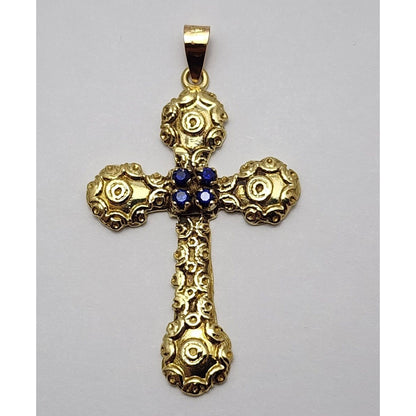 18K Solid Yellow Gold Religious Sapphire Cross Charm Pendant